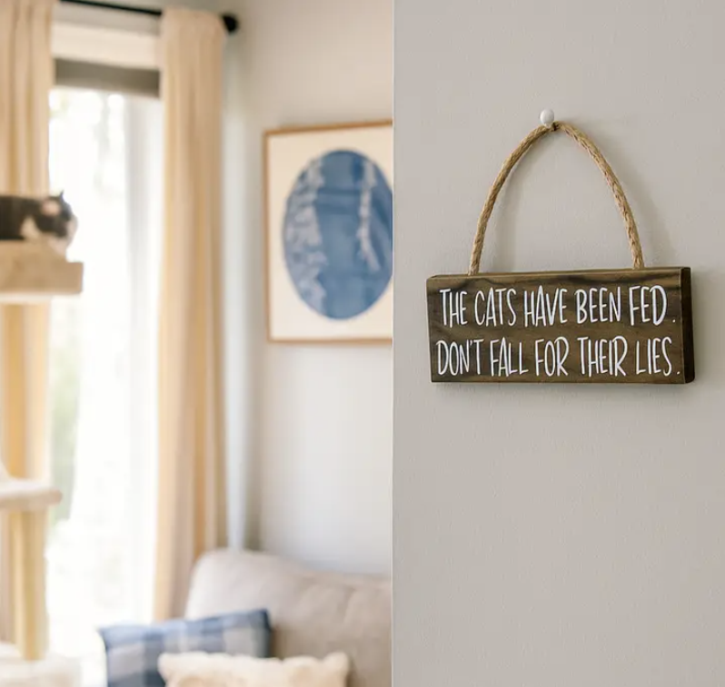 Wooden sign with humorous text in a living room setting