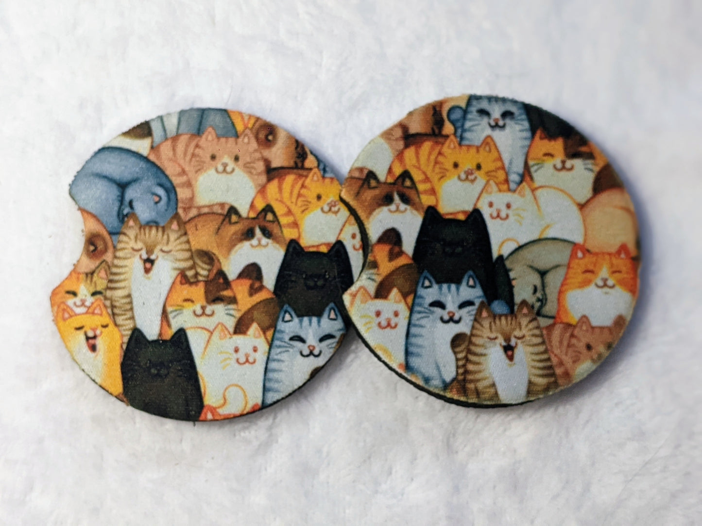 Set of two So Many Cats neoprene car coasters with cute cat design