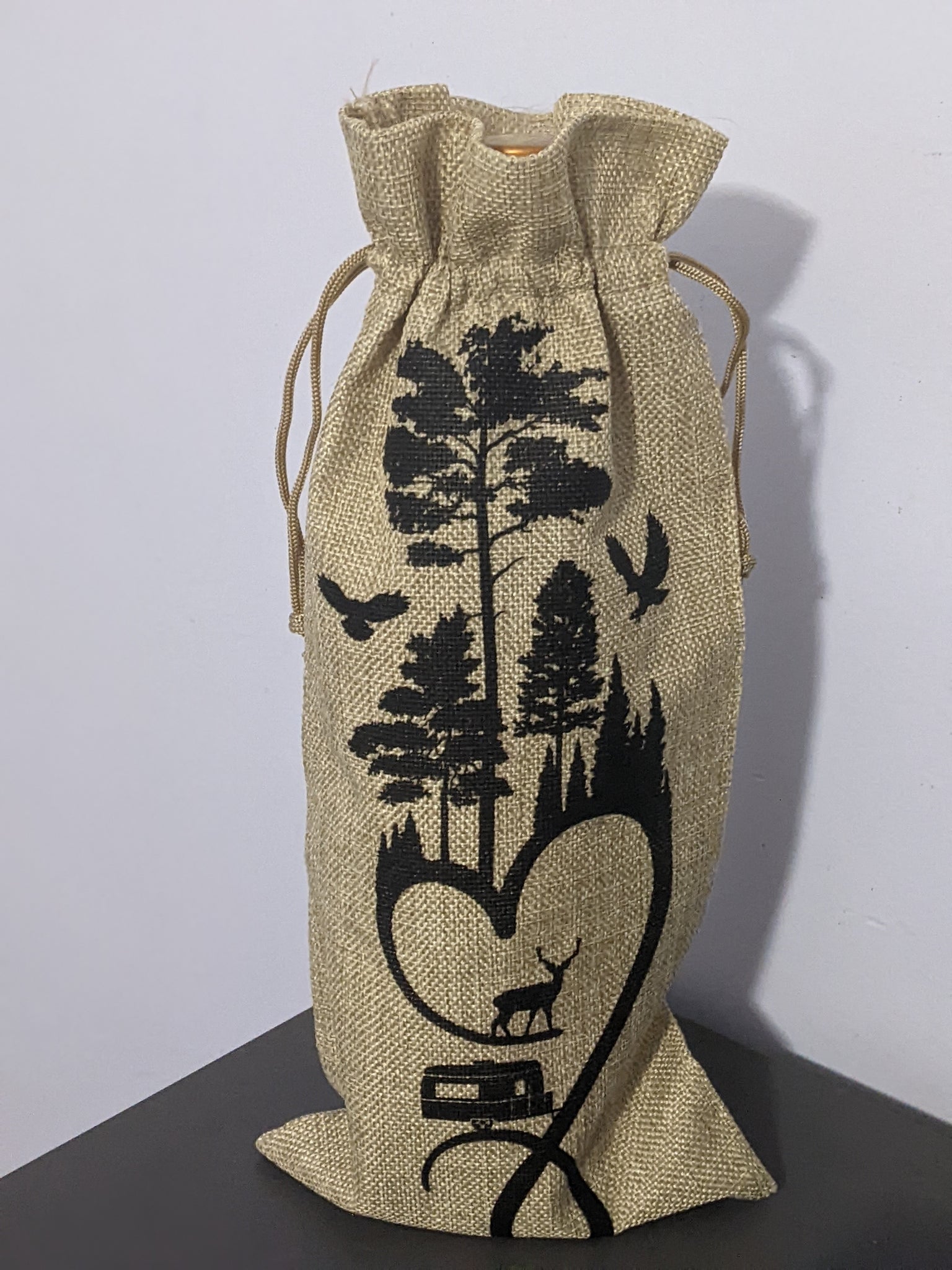 camping themed wine bottle gift bag, burlap
