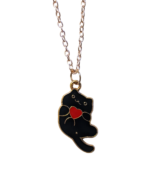 Black Cat Holding a Heart necklace - Made By Scratch Crafts