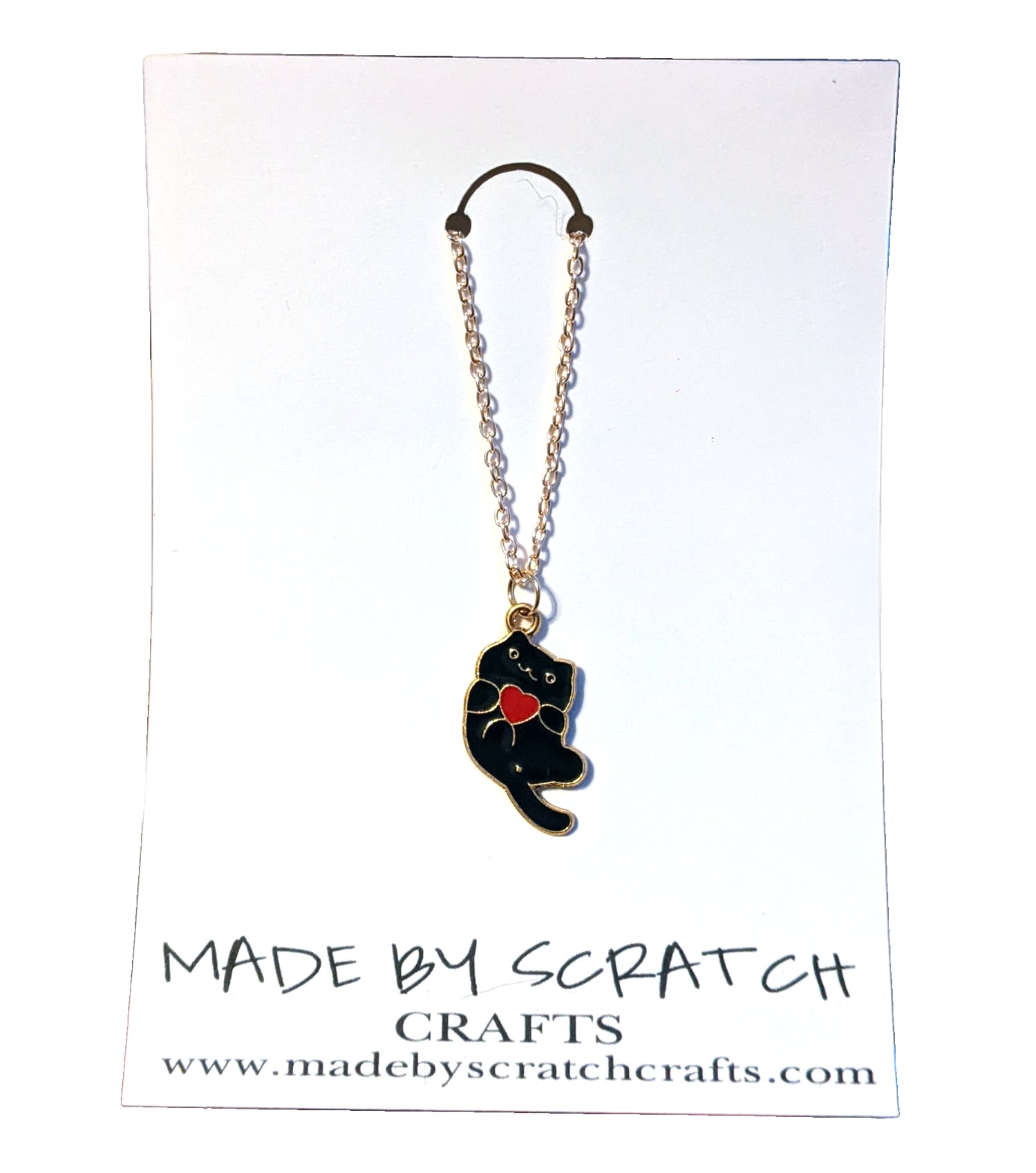 Black Cat Holding a Heart necklace - Made By Scratch Crafts