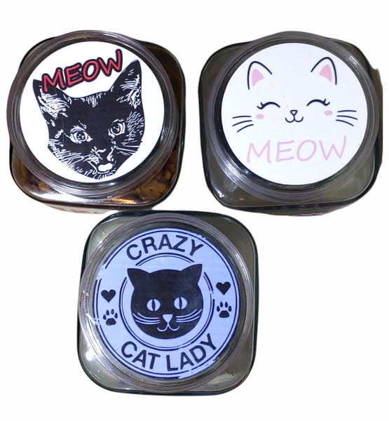 Black cat, meow, pink cat face meow, crazy cat lady, treat jars, snack jars, cat snacks, cat treats 