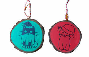 Christmas Cat Ornaments, natural wood sliced, wood bark, ornaments