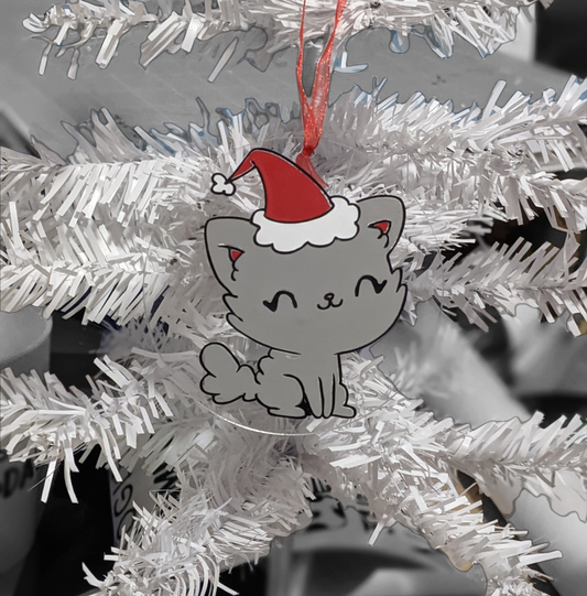 Gray Kitten with Santa Hat acrylic ornament - Made By Scratch Crafts
