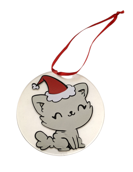 Round Ornament, Kitten in Santa Hat, acrylic ornament, christmas decoration