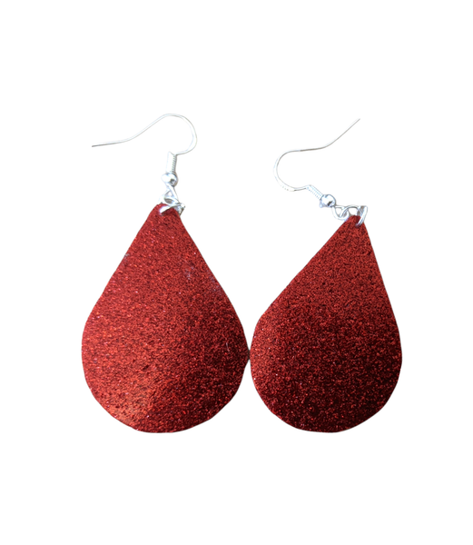 Teardrop shaped earrings, white with I love Paws, red glitter back