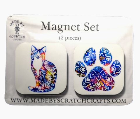 colorful cat and paw print square refrigerator magnets