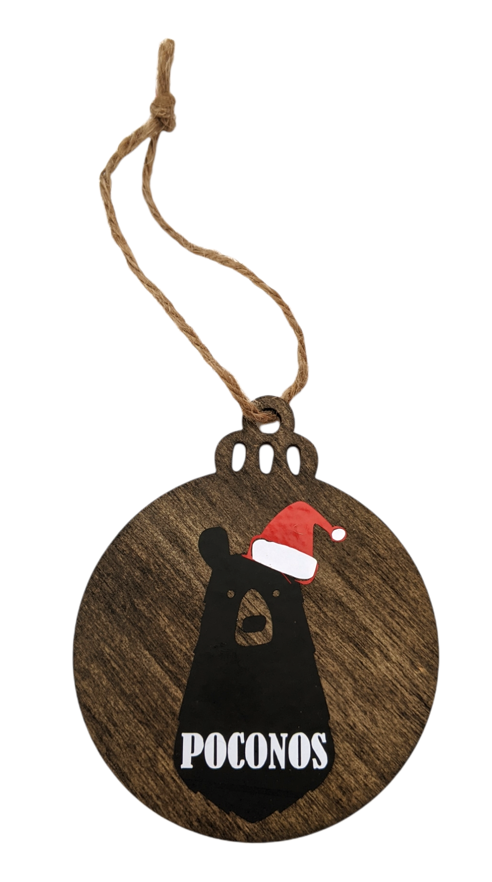 Wooden bear ornament with Poconos text and twine hanger