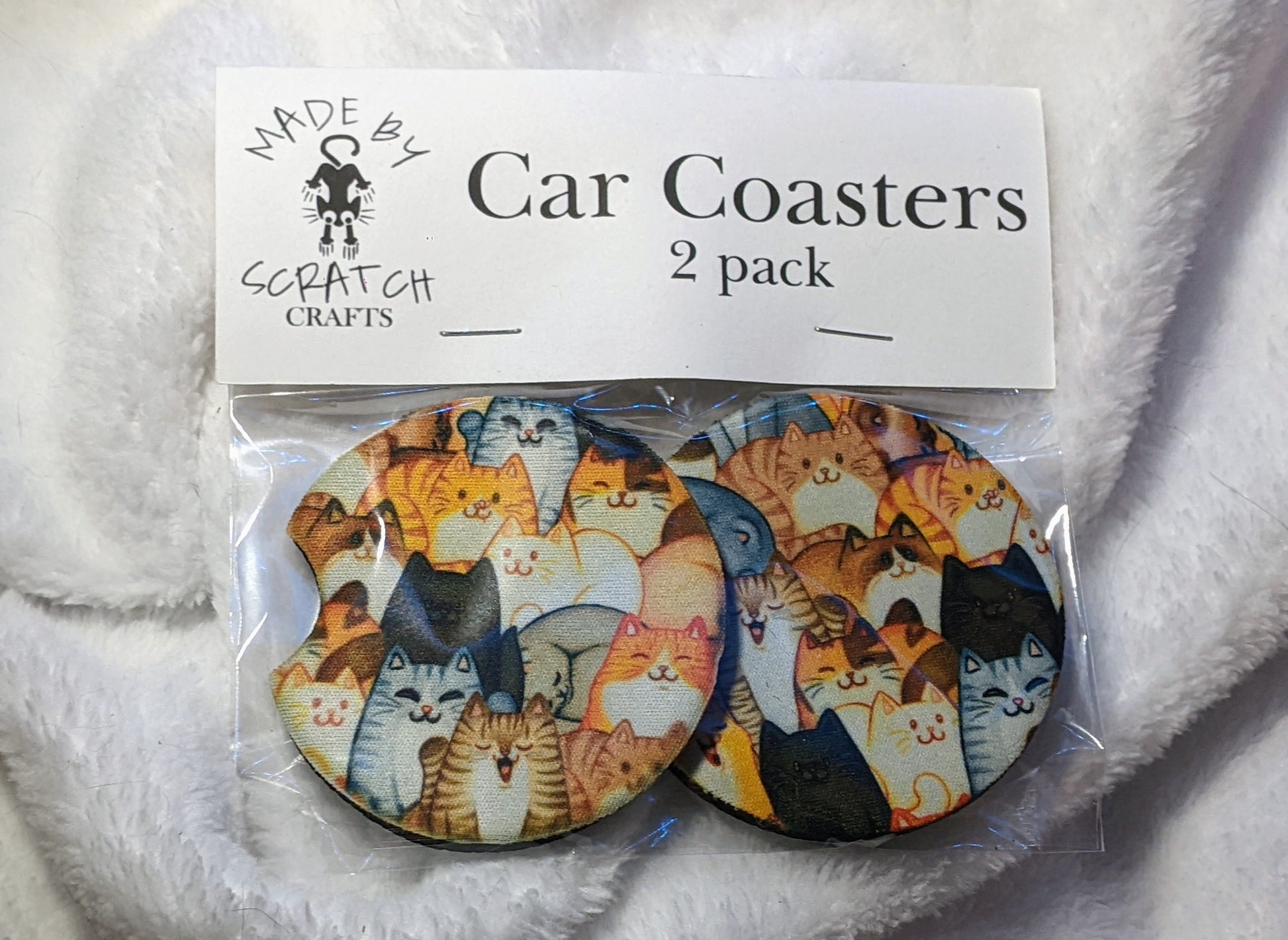 Packaged So Many Cats car coasters set of two by Made By Scratch Crafts