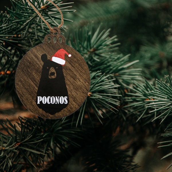 Poconos, bear, ornament, wood, santa bear