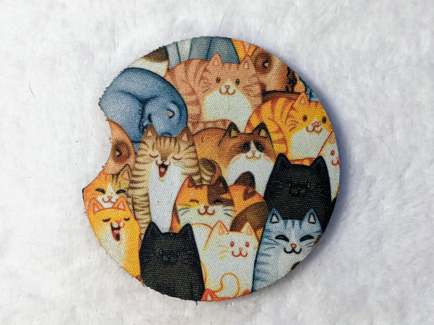 Single So Many Cats car coaster with colorful cat illustration