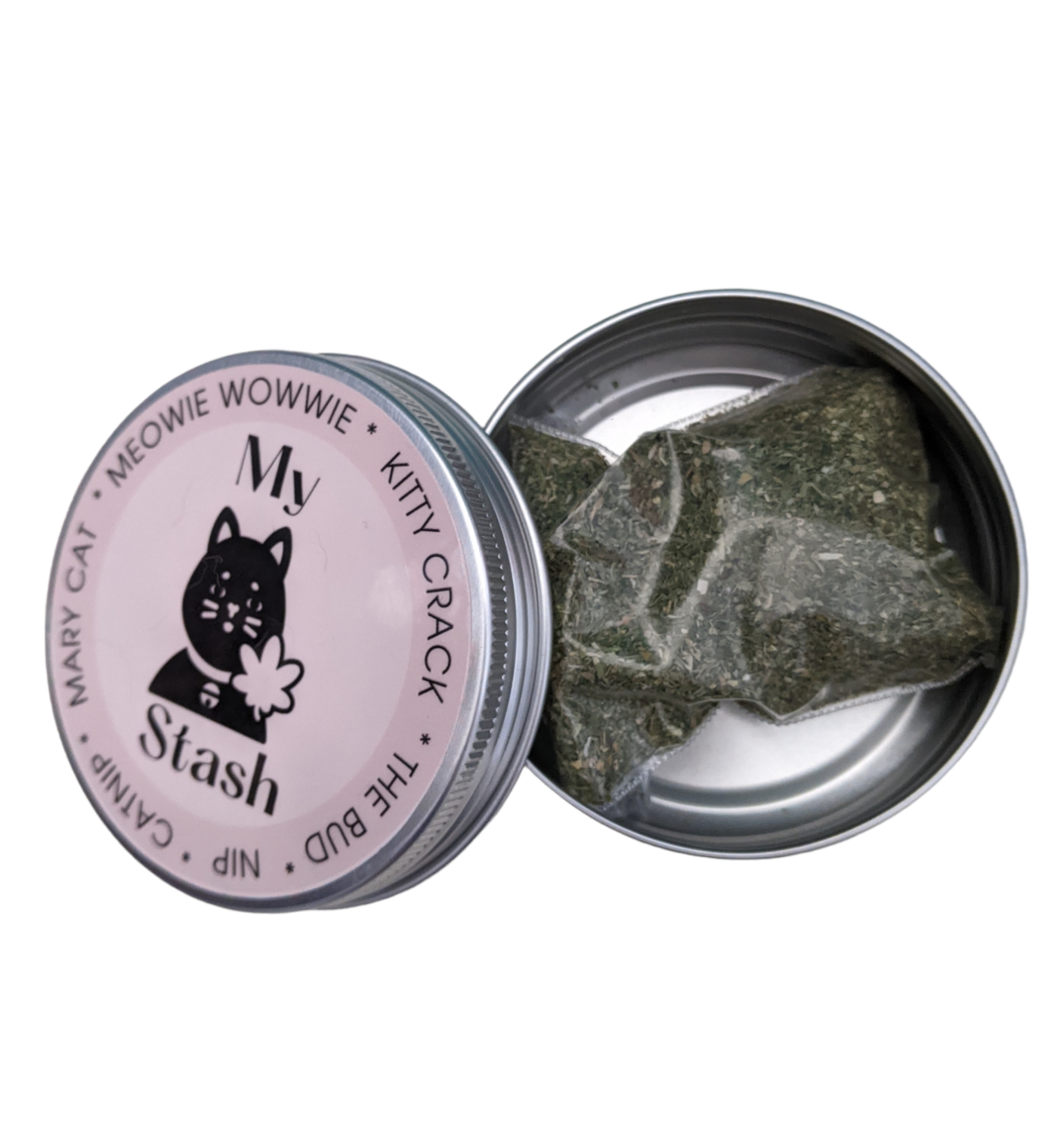 open catnip stash jar showing sealed catnip packets
